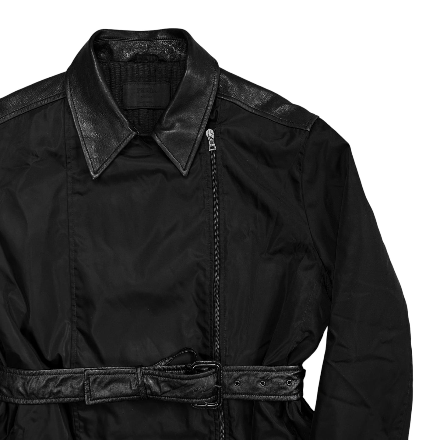 Prada Leather Applicated Moto Belt Jacket