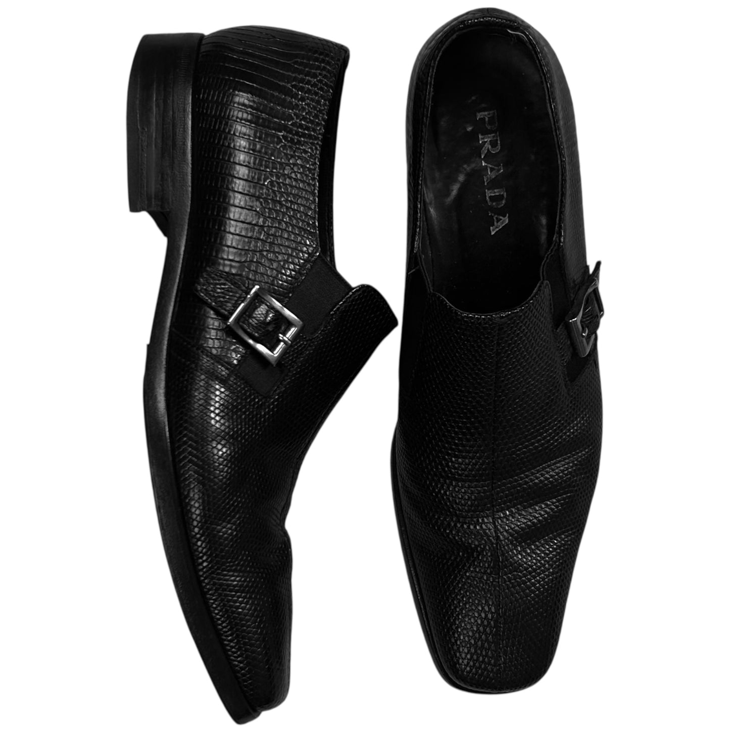 Prada Buckle Strap Snakeskin Loafers