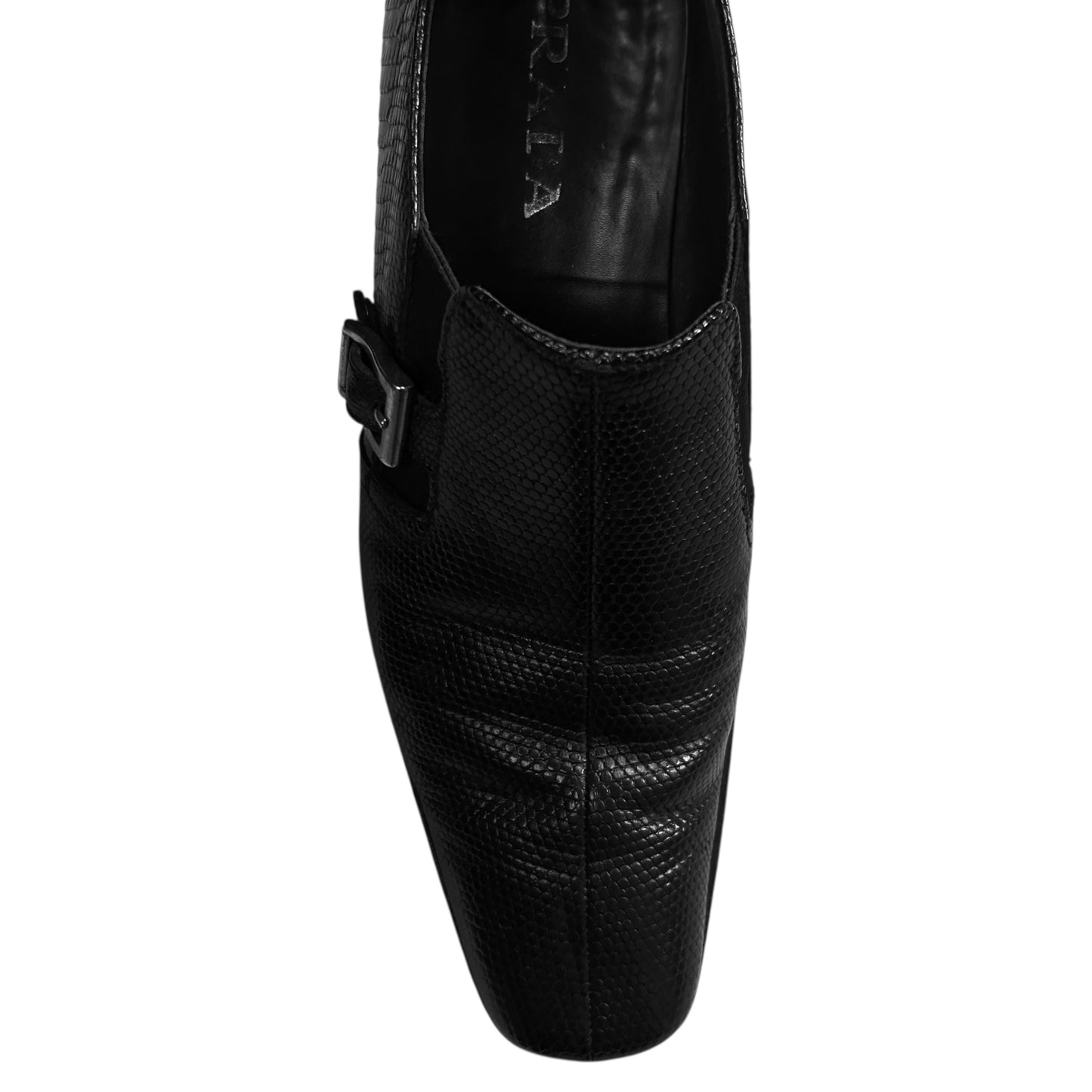 Prada Buckle Strap Snakeskin Loafers