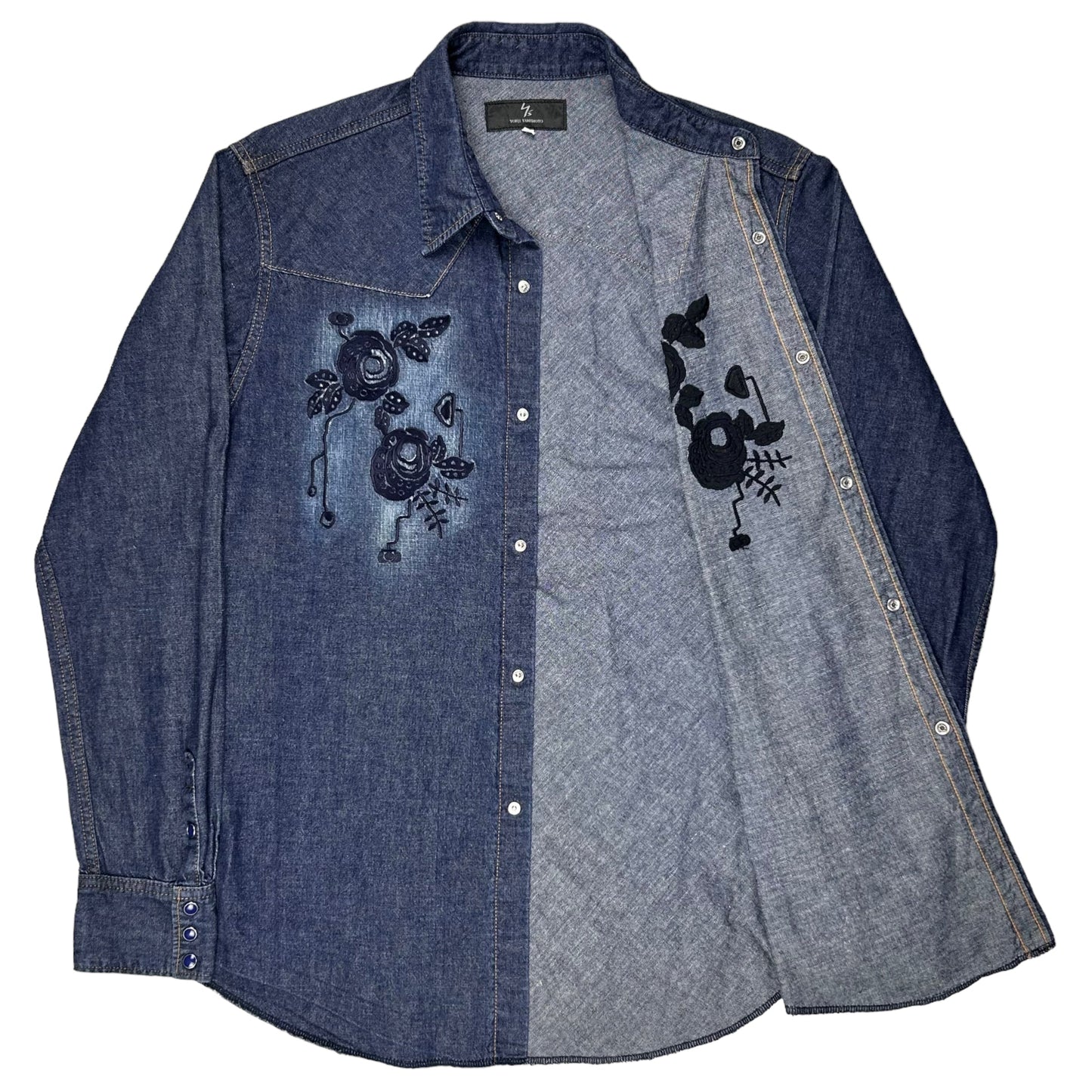 Ys Yohji Yamamoto Floral Embroidered Denim Shirt