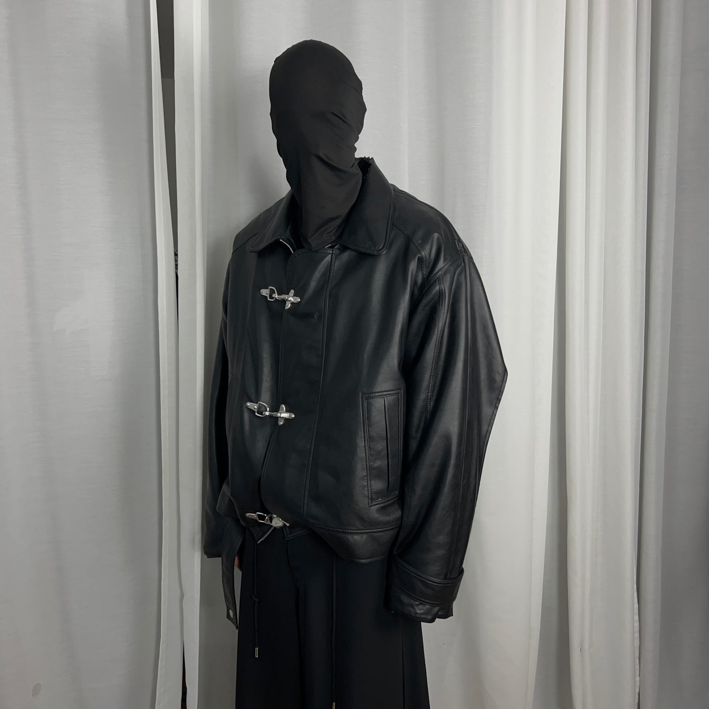 Y/Project Distorted Shoulder Fireman Buckle Faux Leather Jacket - AW20