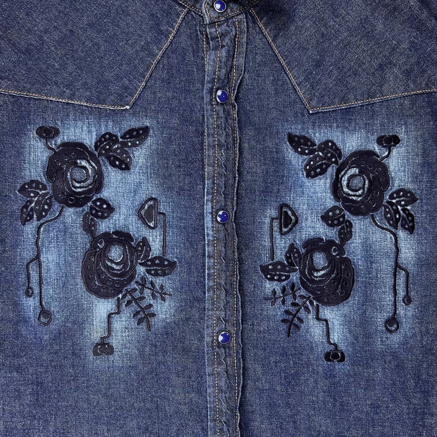 Ys Yohji Yamamoto Floral Embroidered Denim Shirt
