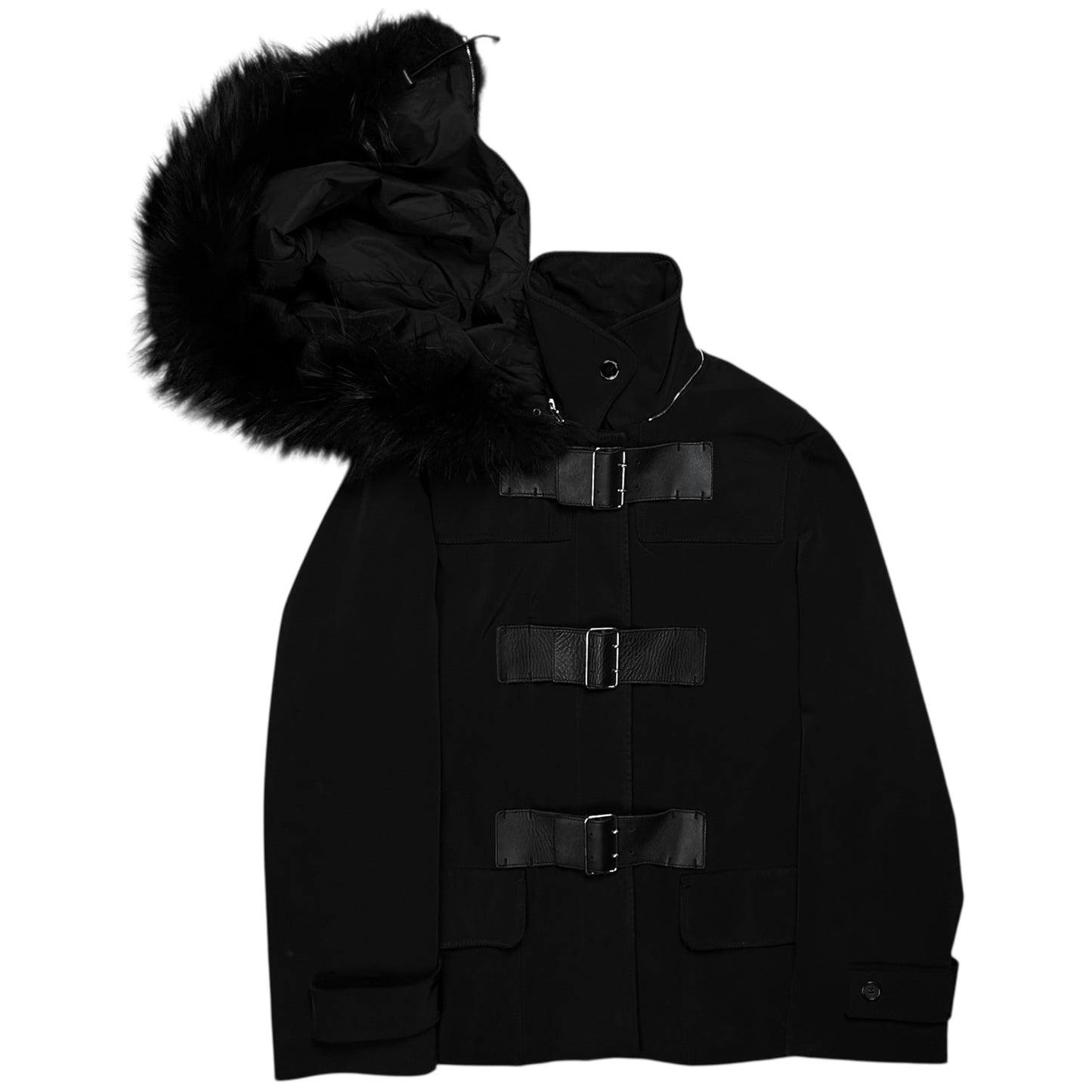 Prada Leather Belted Faux Fur Hood Jacket