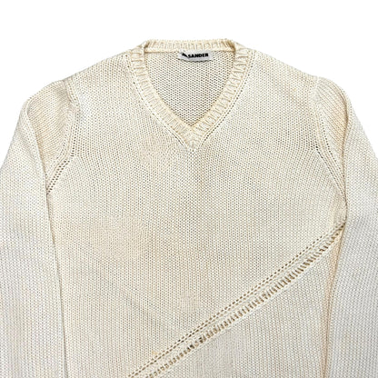 Jil Sander Asymmtric Perforated Stripe V-Neck Knit Sweater