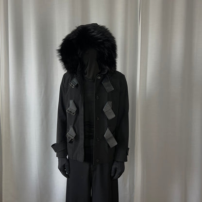 Prada Leather Belted Faux Fur Hood Jacket