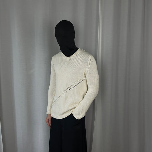 Jil Sander Asymmtric Perforated Stripe V-Neck Knit Sweater