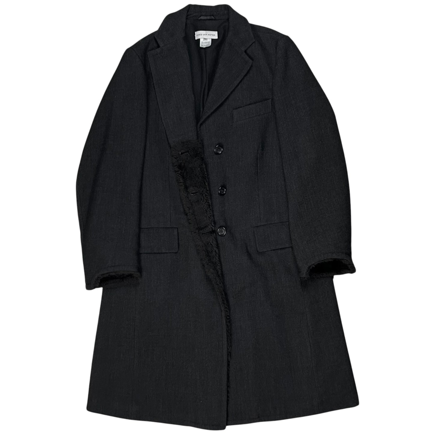 Dries Van Noten Faux Fur Applicated Wool Coat - 2000s
