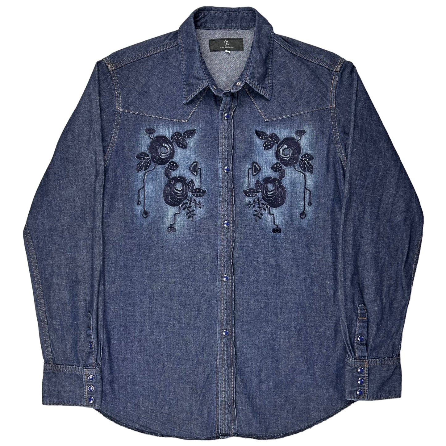 Ys Yohji Yamamoto Floral Embroidered Denim Shirt