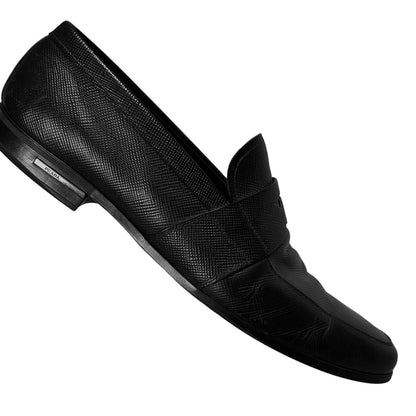 Prada Metal Heel Saffiano Penny Loafers