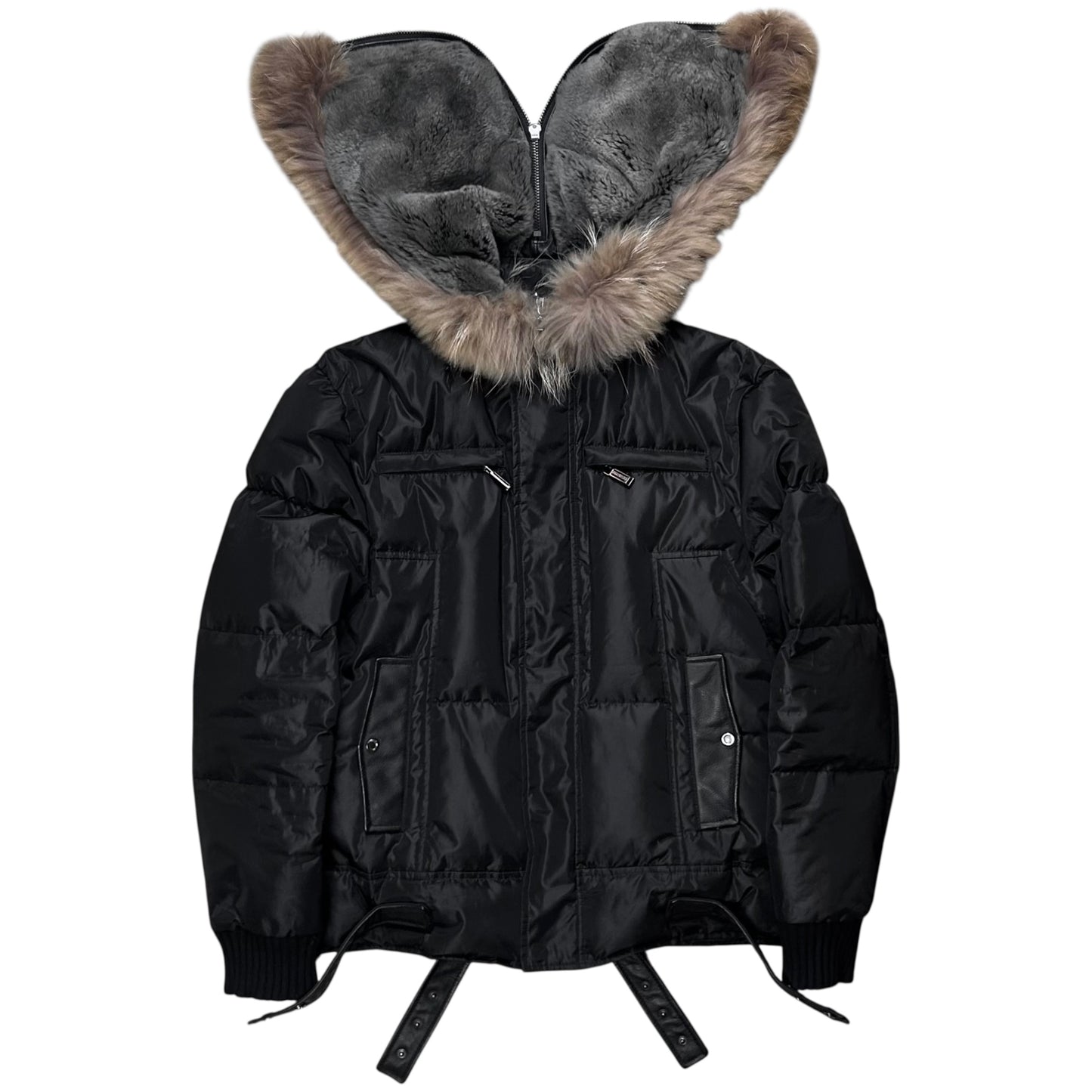 Dirk Bikkembergs Belted Rabbit Fur Hood Puffer Jacket - AW09