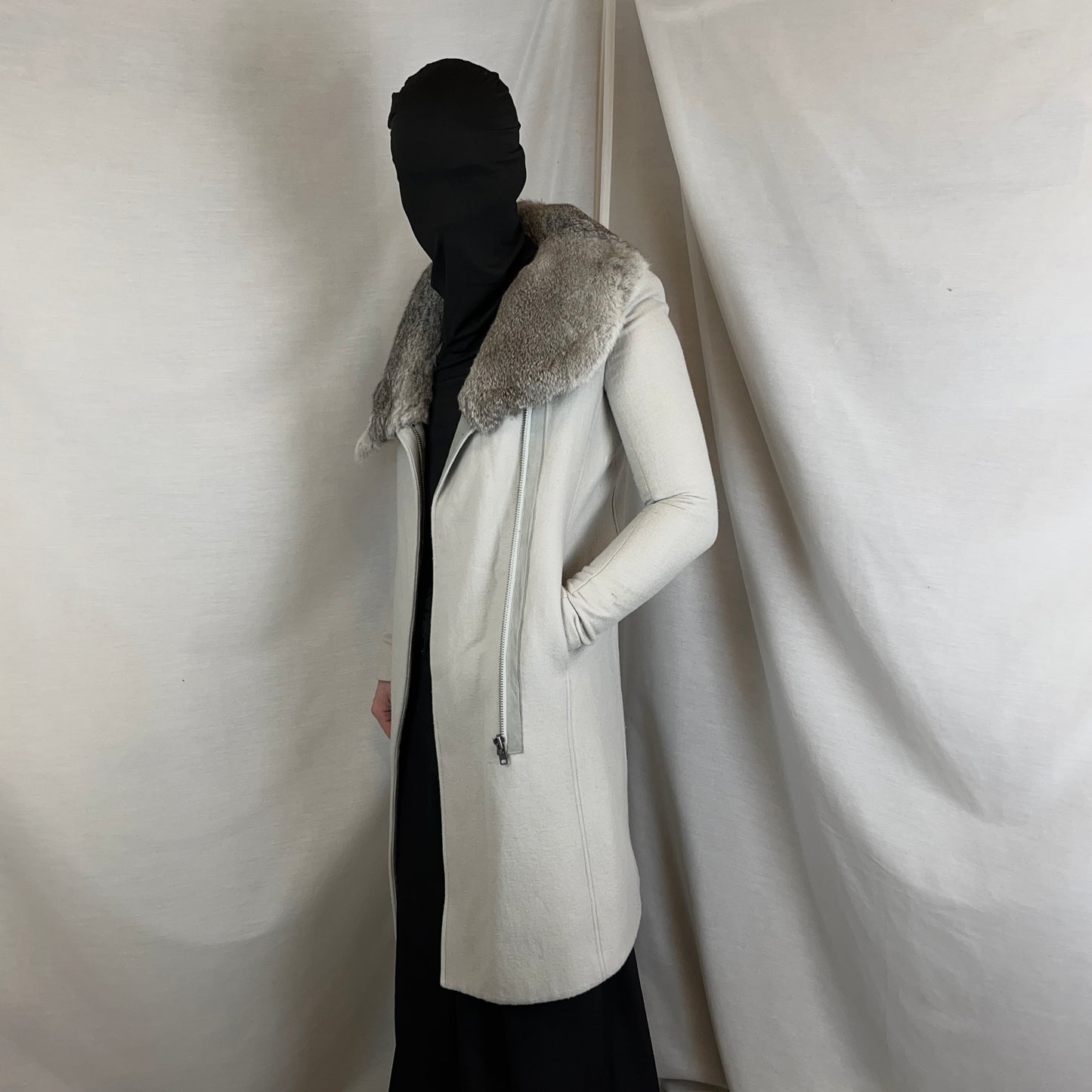 Helmut Lang Asymmetric Rabbit Fur Collar Coat - AW10