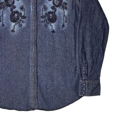 Ys Yohji Yamamoto Floral Embroidered Denim Shirt