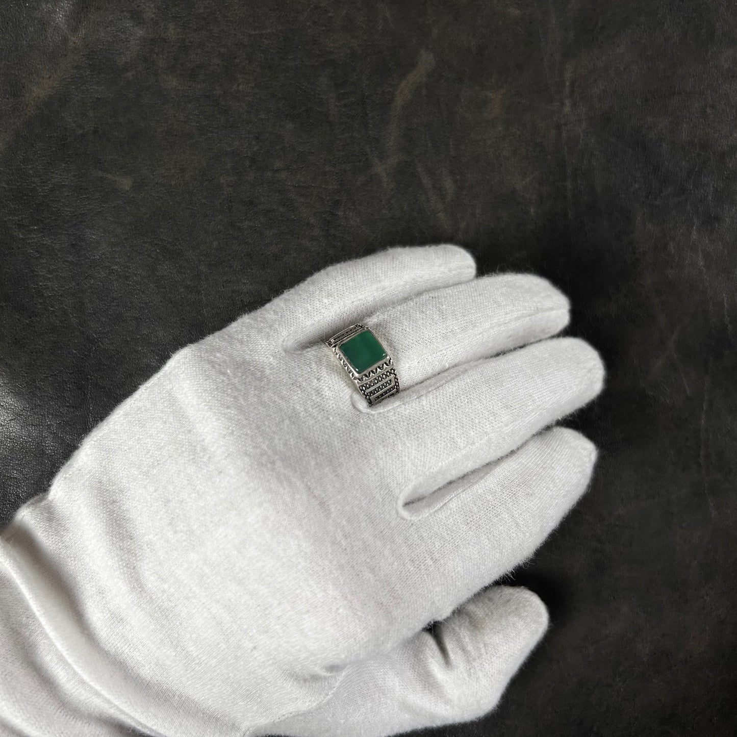 Graved Square Jade Stone Ring