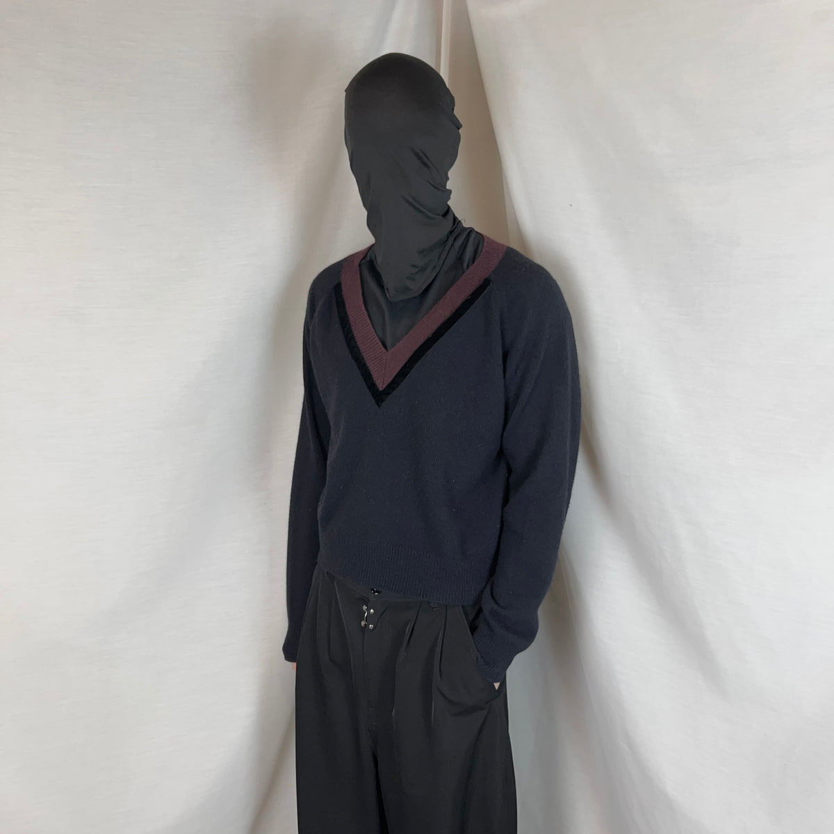 Dries Van Noten Velvet Trimmed V-Neck Cashmere Knit Sweater