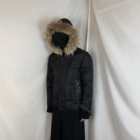 Dirk Bikkembergs Belted Rabbit Fur Hood Puffer Jacket - AW09