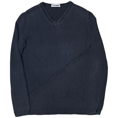 Jil Sander Asymmtric Perforated Stripe V-Neck Knit Sweater - 2000s