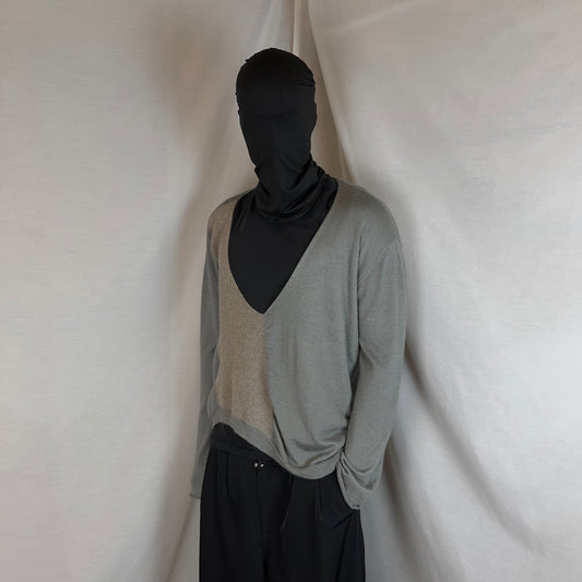 Dries Van Noten Asymmetric Bi-Material Silk V-Neck Sweater