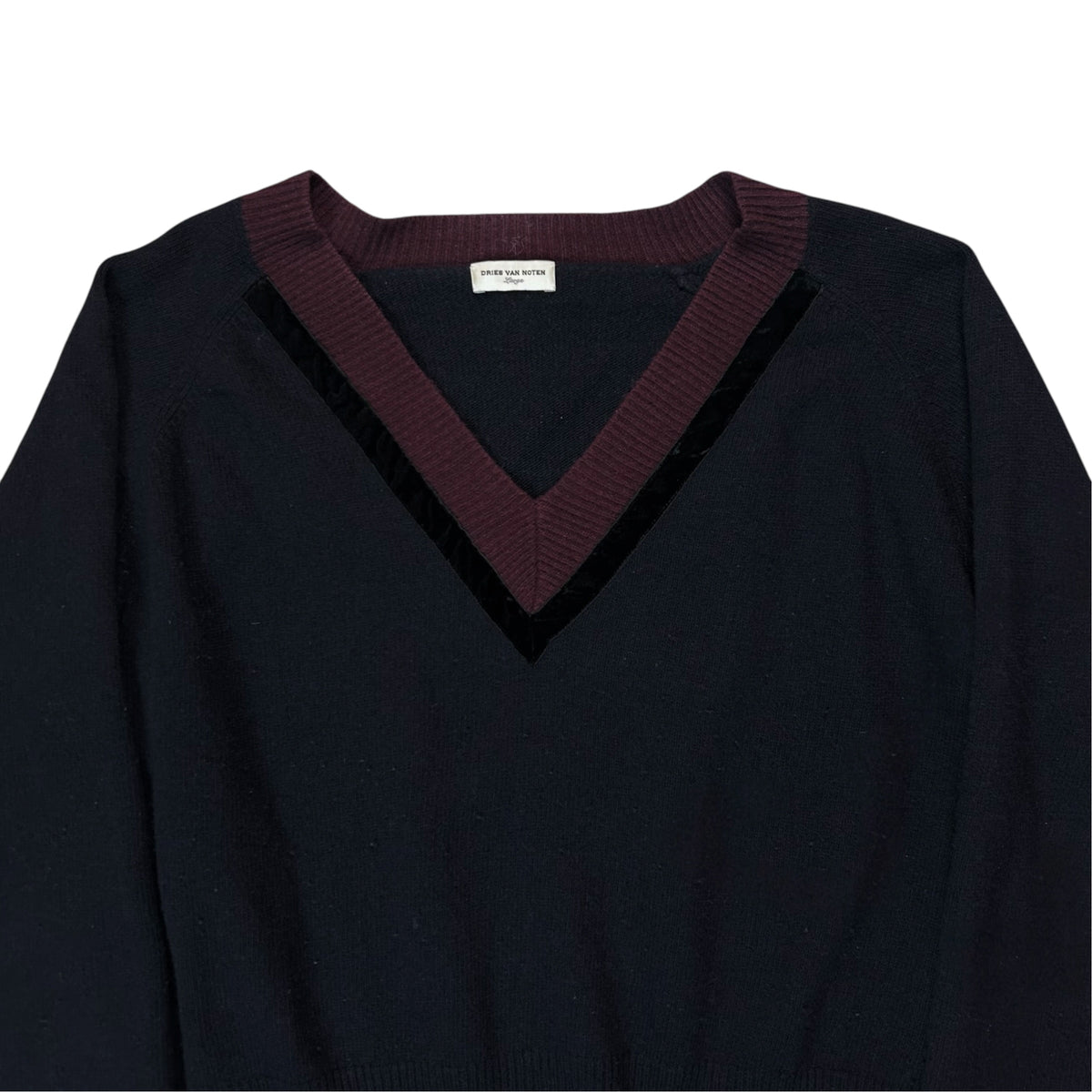 Dries Van Noten Velvet Trimmed V-Neck Cashmere Knit Sweater