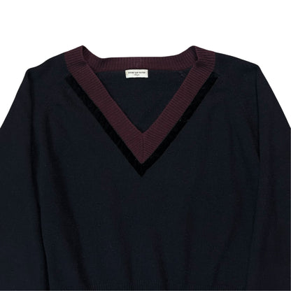 Dries Van Noten Velvet Trimmed V-Neck Cashmere Knit Sweater