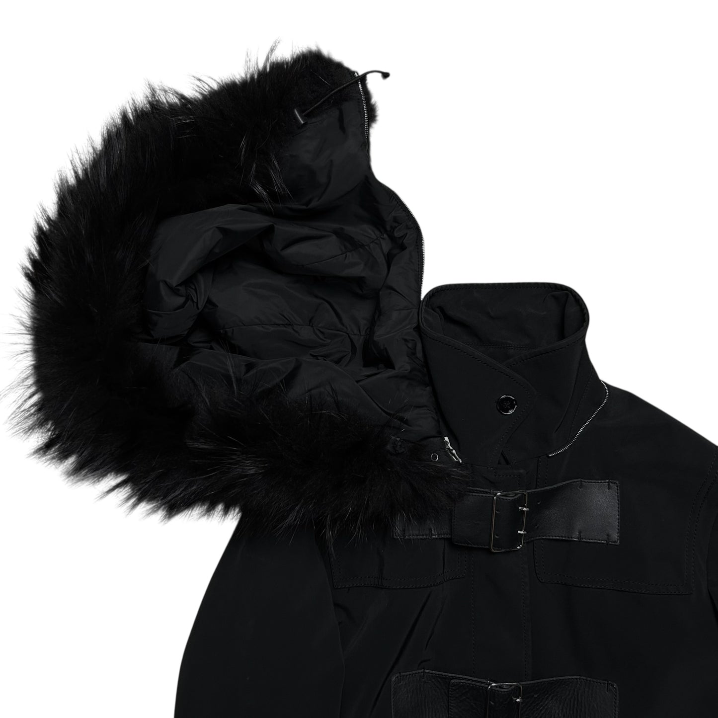 Prada Leather Belted Faux Fur Hood Jacket