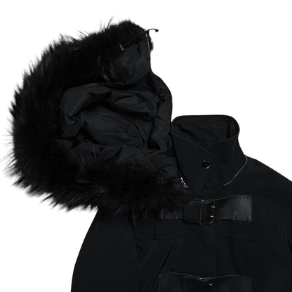 Prada Leather Belted Faux Fur Hood Jacket