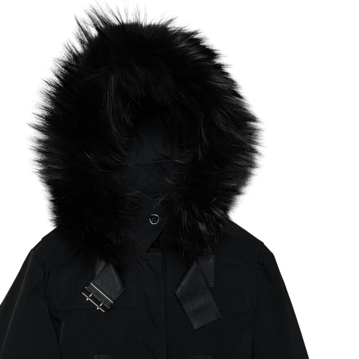 Prada Leather Belted Faux Fur Hood Jacket