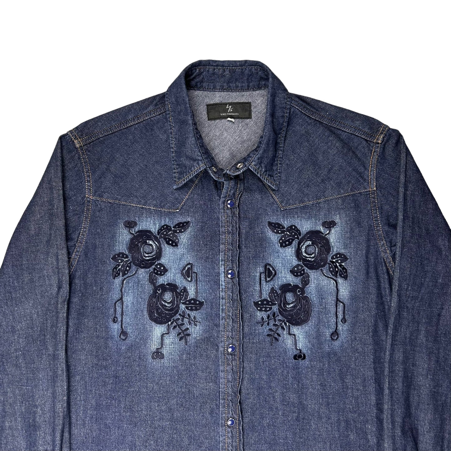 Ys Yohji Yamamoto Floral Embroidered Denim Shirt