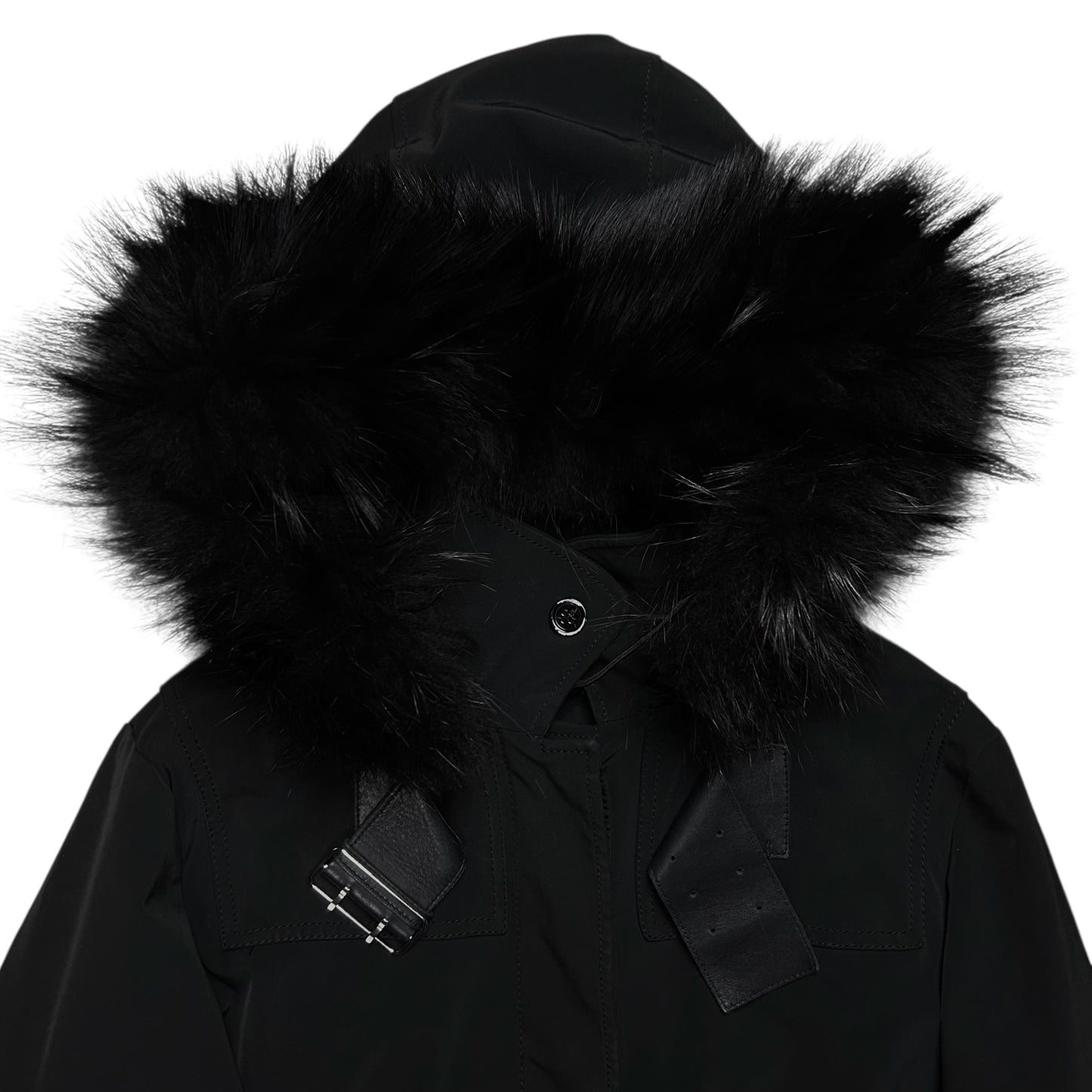 Prada Leather Belted Faux Fur Hood Jacket