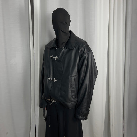 Y/Project Distorted Shoulder Fireman Buckle Faux Leather Jacket - AW20