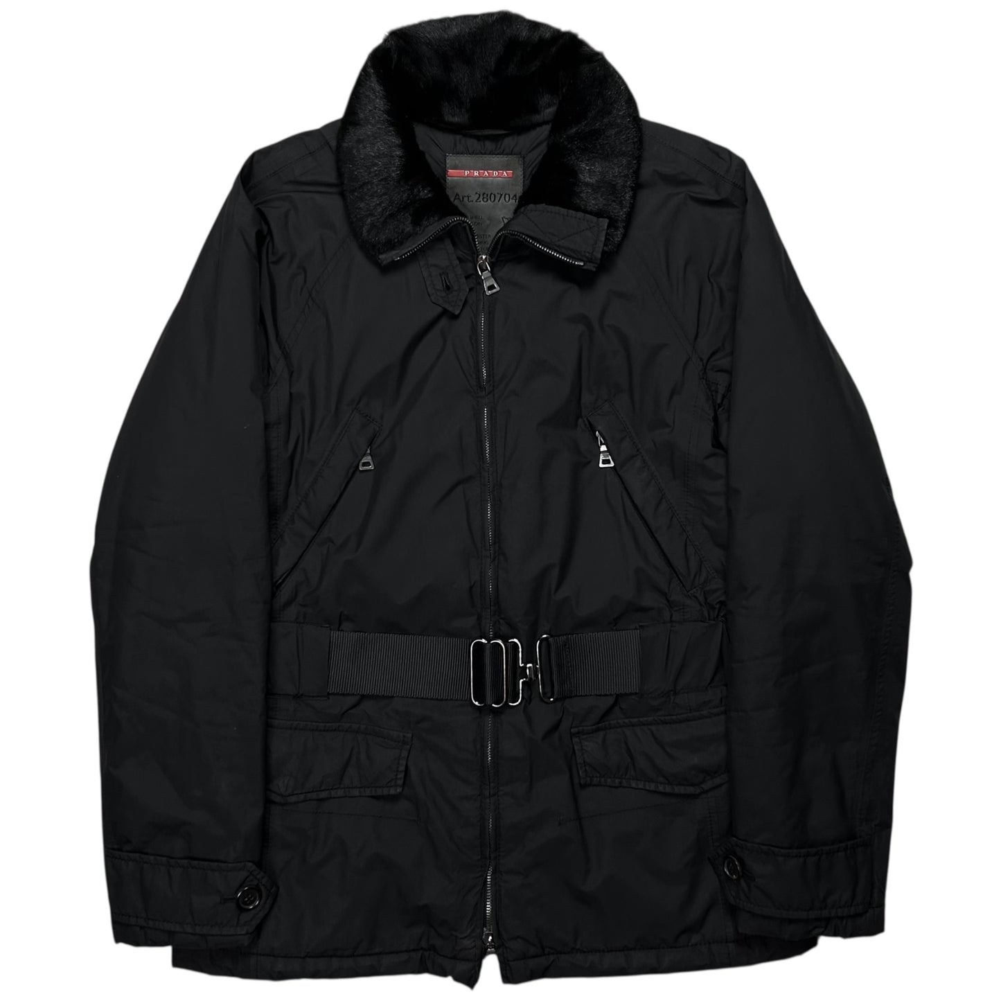 Prada Belted Goat Fur Collar Field Jacket