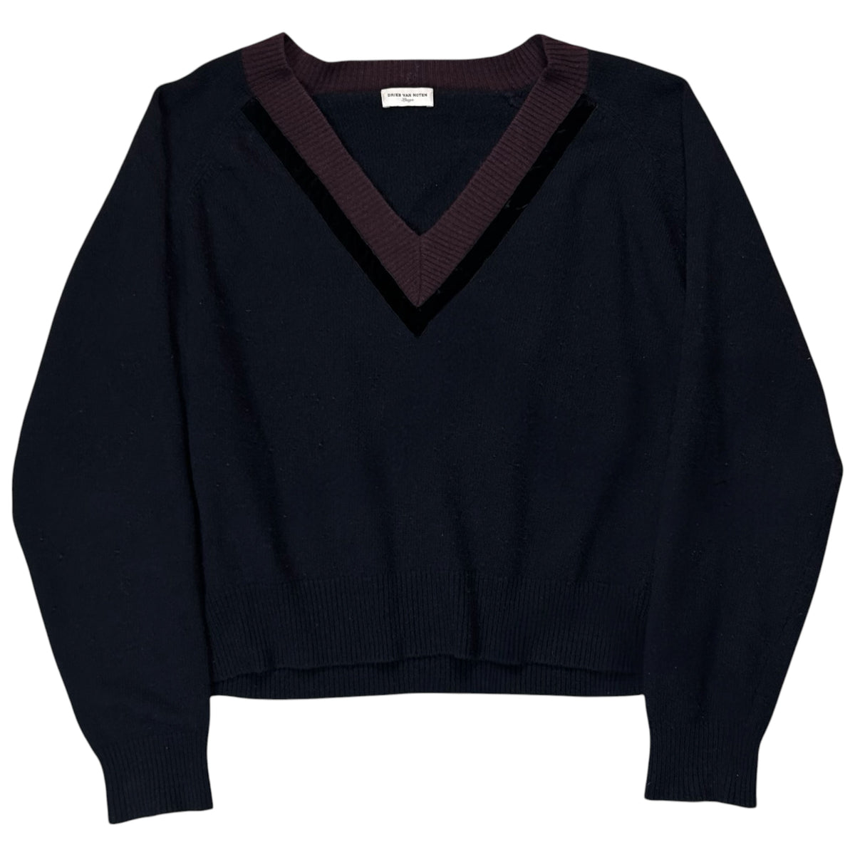 Dries Van Noten Velvet Trimmed V-Neck Cashmere Knit Sweater