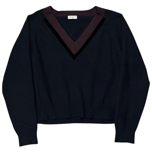 Dries Van Noten Velvet Trimmed V-Neck Cashmere Knit Sweater