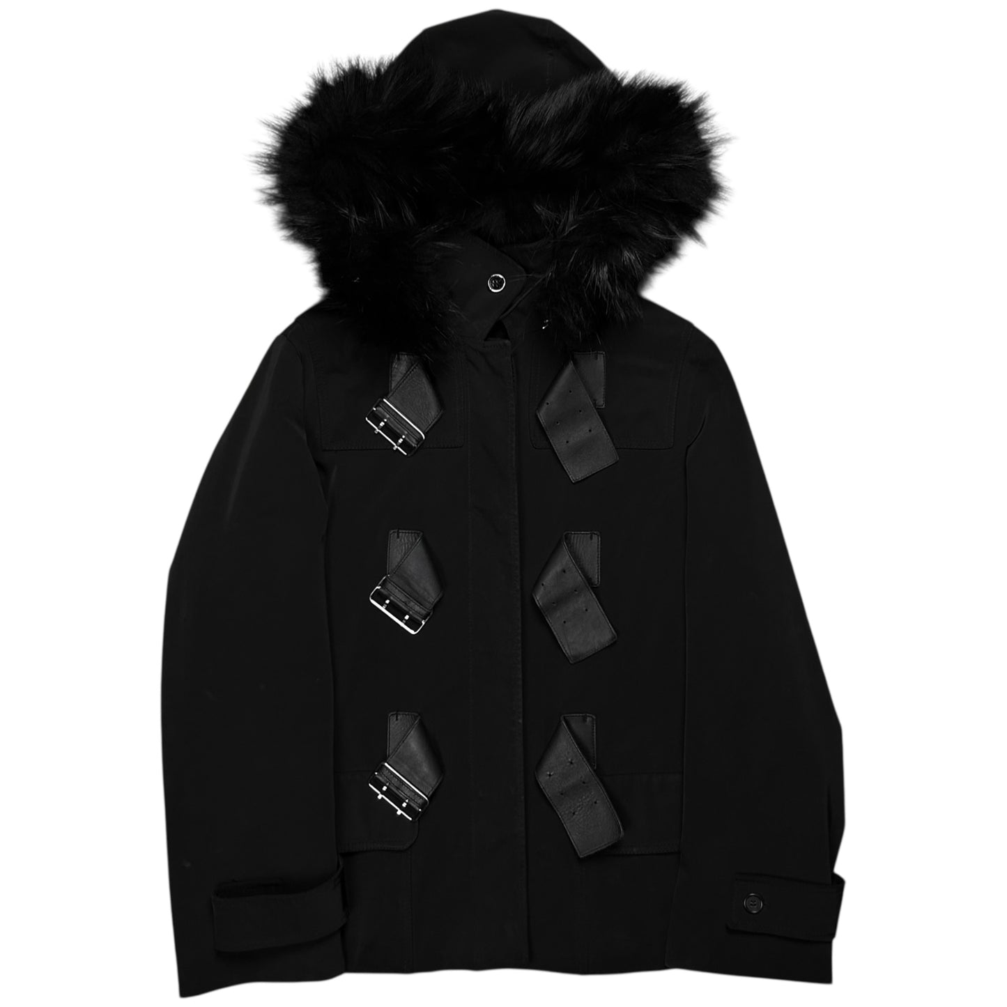 Prada Leather Belted Faux Fur Hood Jacket