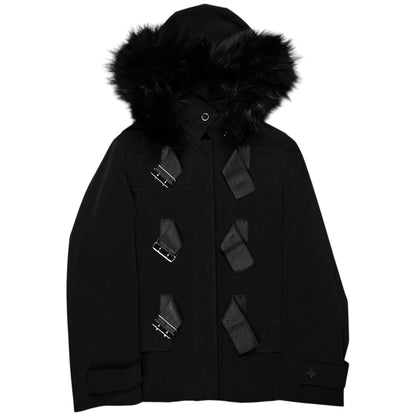 Prada Leather Belted Faux Fur Hood Jacket