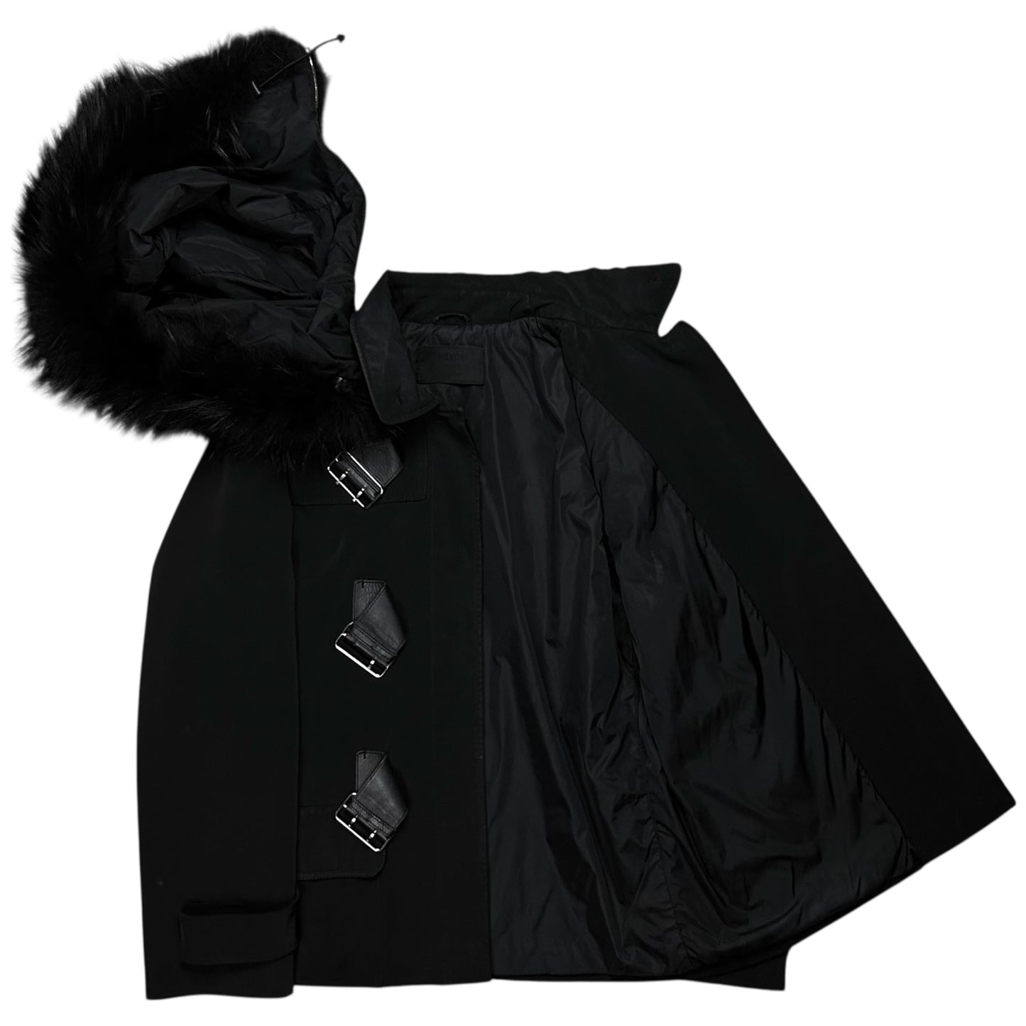 Prada Leather Belted Faux Fur Hood Jacket