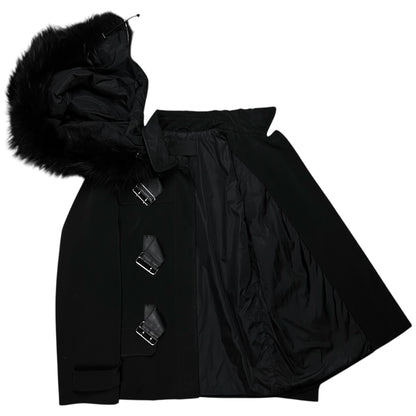 Prada Leather Belted Faux Fur Hood Jacket