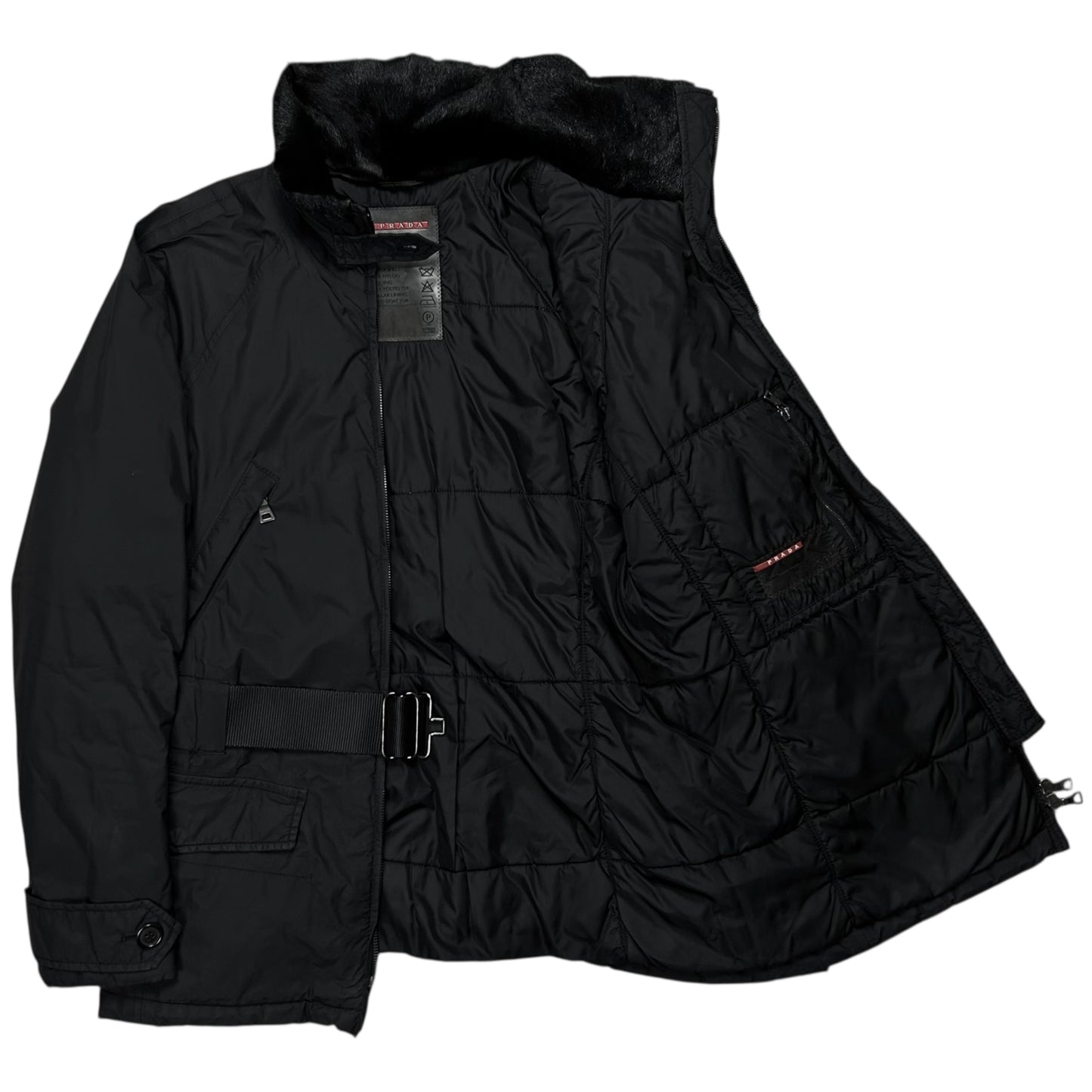 Prada Belted Goat Fur Collar Field Jacket