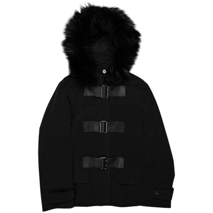 Prada Leather Belted Faux Fur Hood Jacket