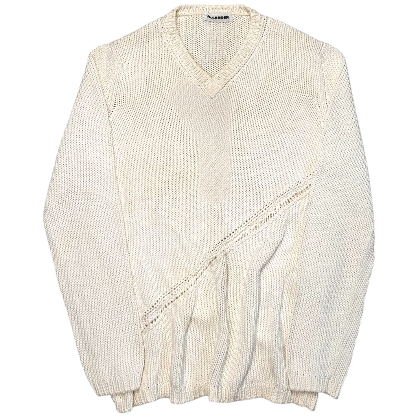 Jil Sander Asymmtric Perforated Stripe V-Neck Knit Sweater