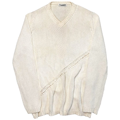Jil Sander Asymmtric Perforated Stripe V-Neck Knit Sweater