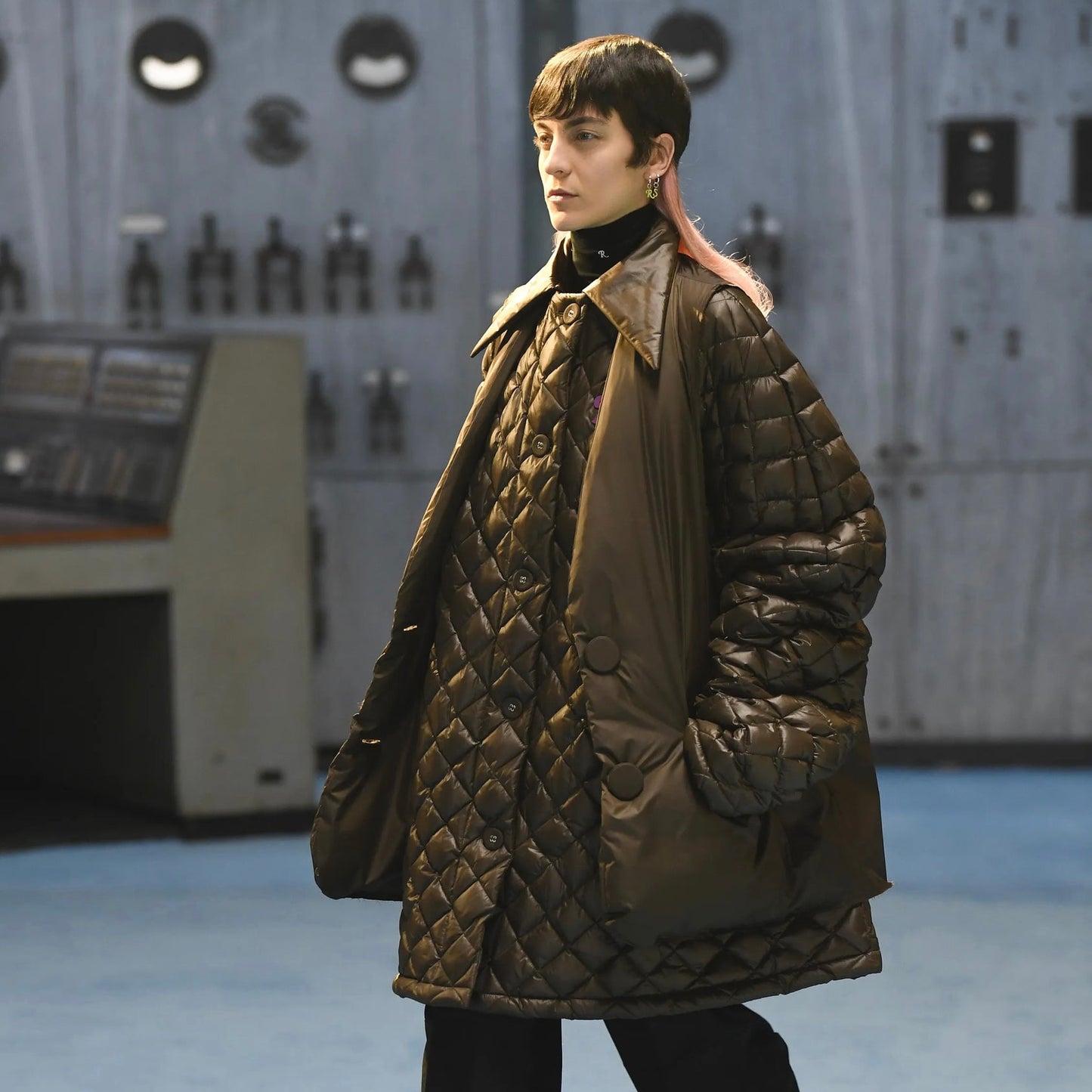 Buy Raf Simons men oversized quilted jacket in brown for $3,441